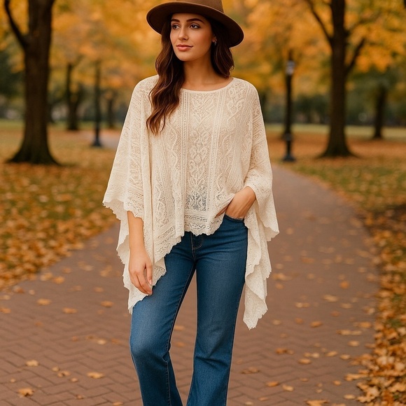 Collection Eighteen Tops - Collection Eighteen Off White Lace Boho Poncho Top OS